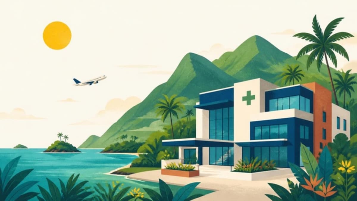 Ilustración de una clínica colombiana moderna junto al mar, con un avión llegando desde el Caribe